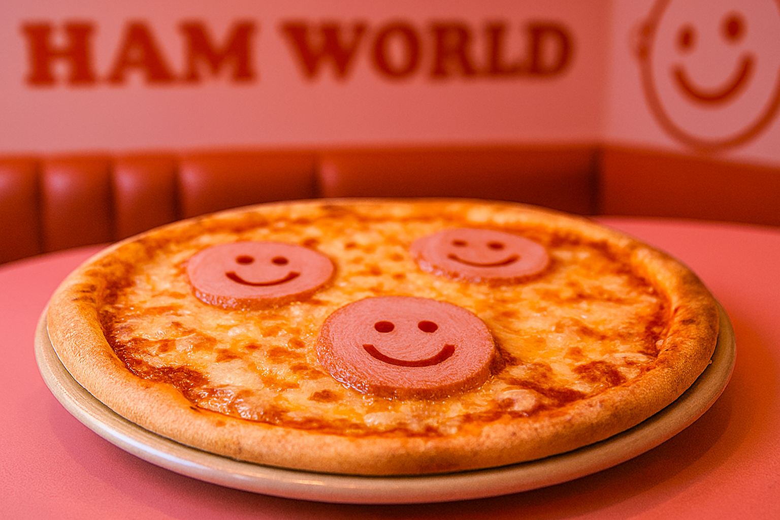Pizza topped with smiley face ham pieces