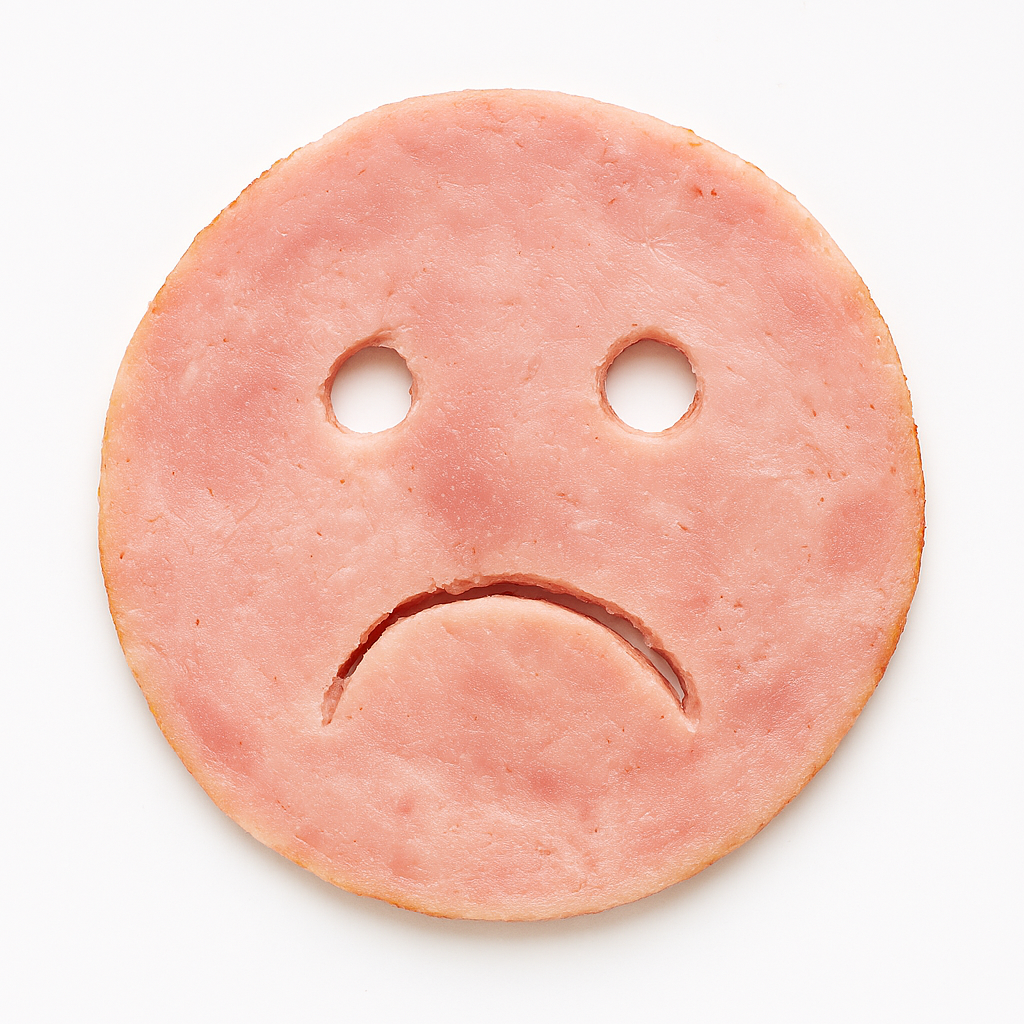 Sad ham face with droopy eyes and frown