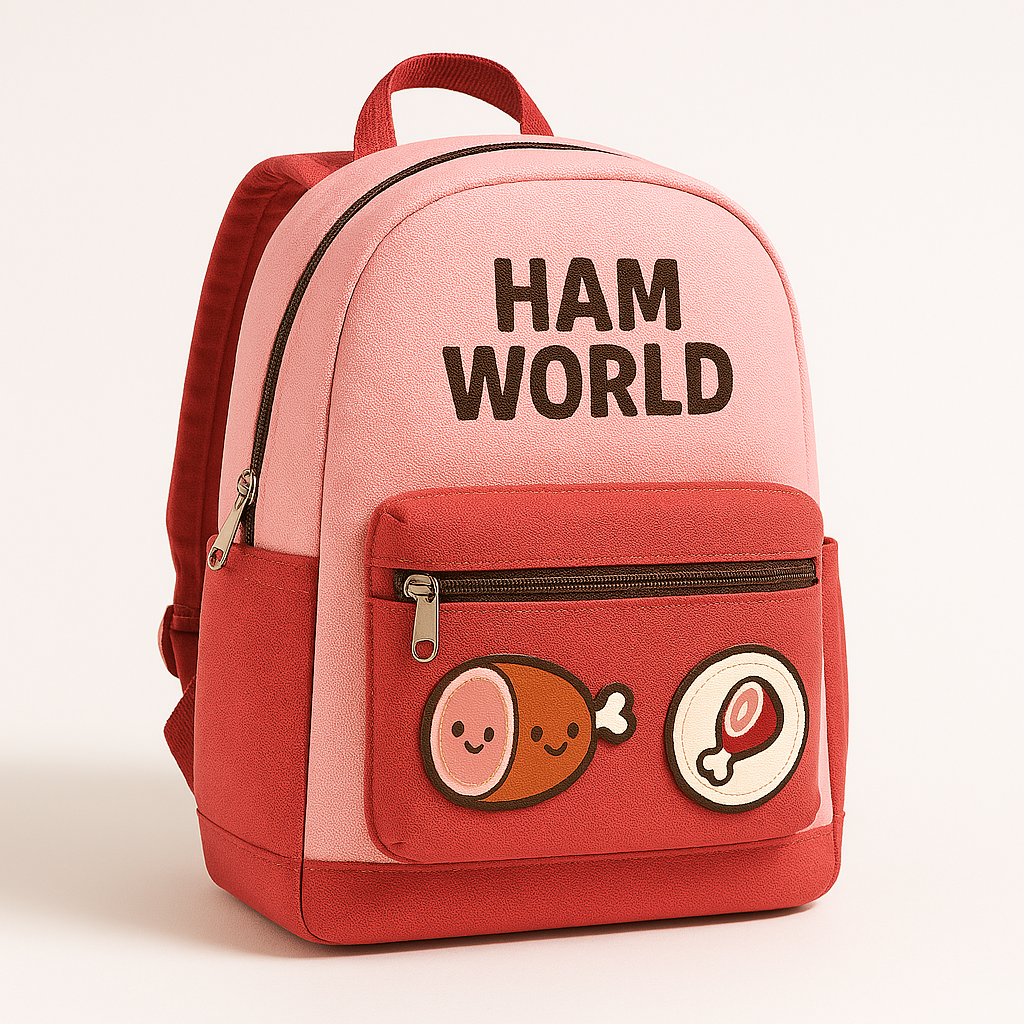 Pink and red backpack with Ham World logo and ham-themed patches