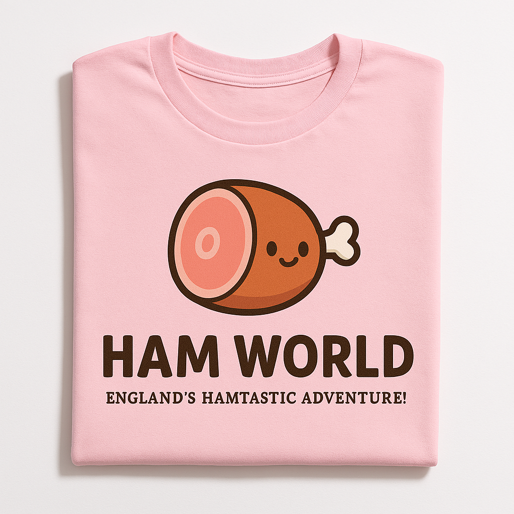 Pink Ham World t-shirt with cute ham mascot logo