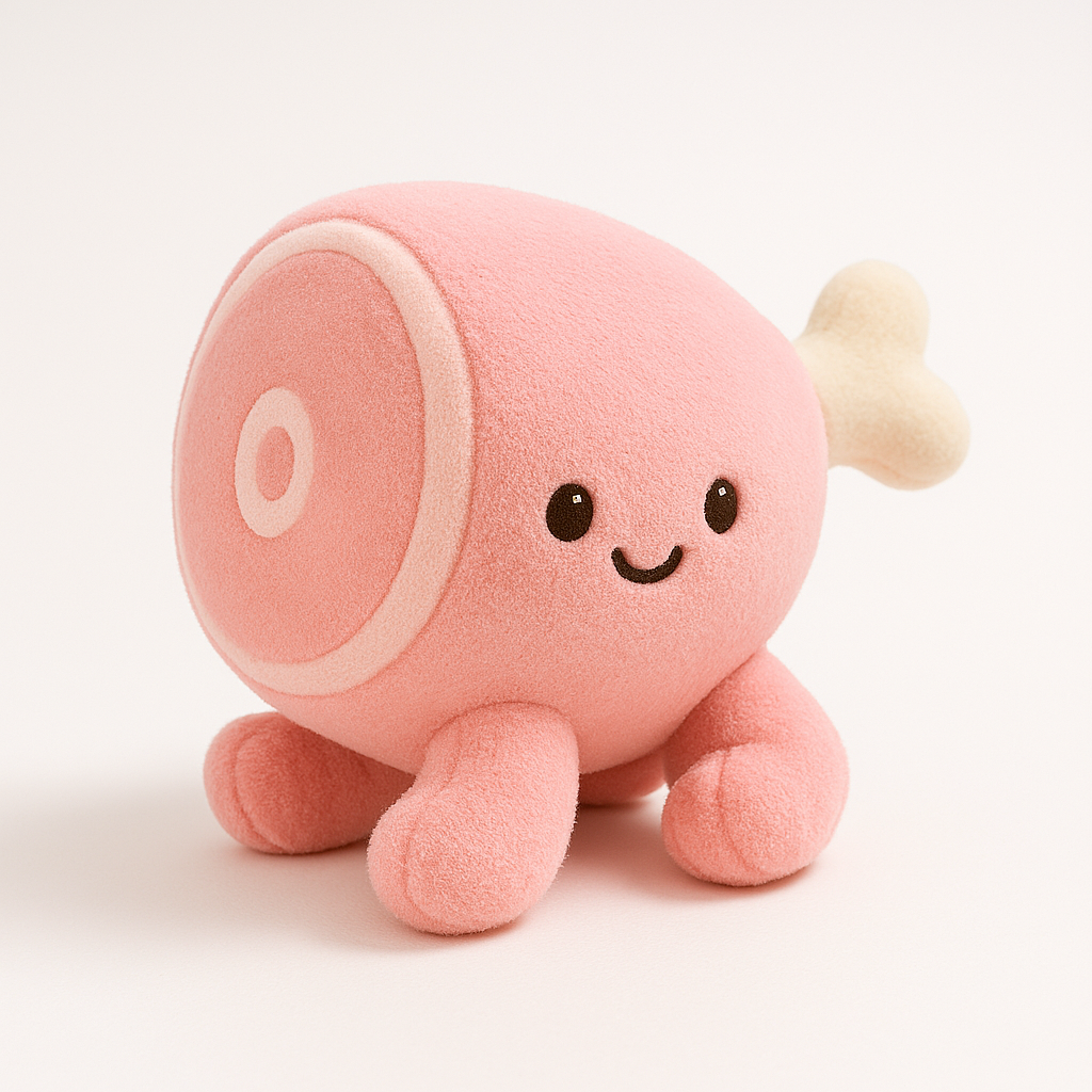 Adorable pink plush ham toy with smiling face